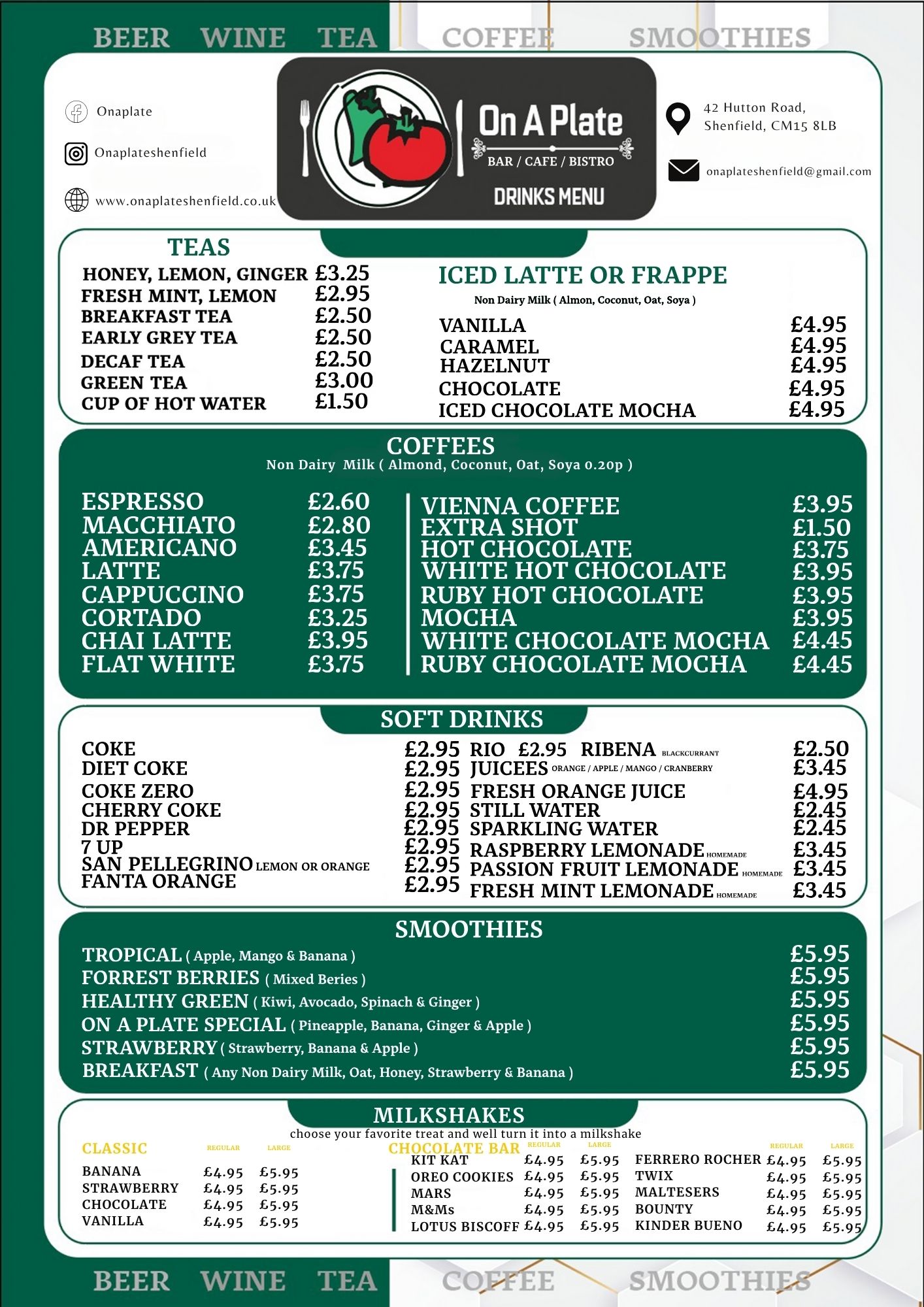 Printed On A Plate drinks menu
